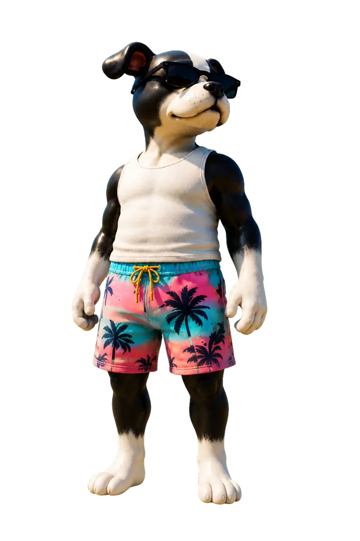 Doh in a white tank top and palm print shorts