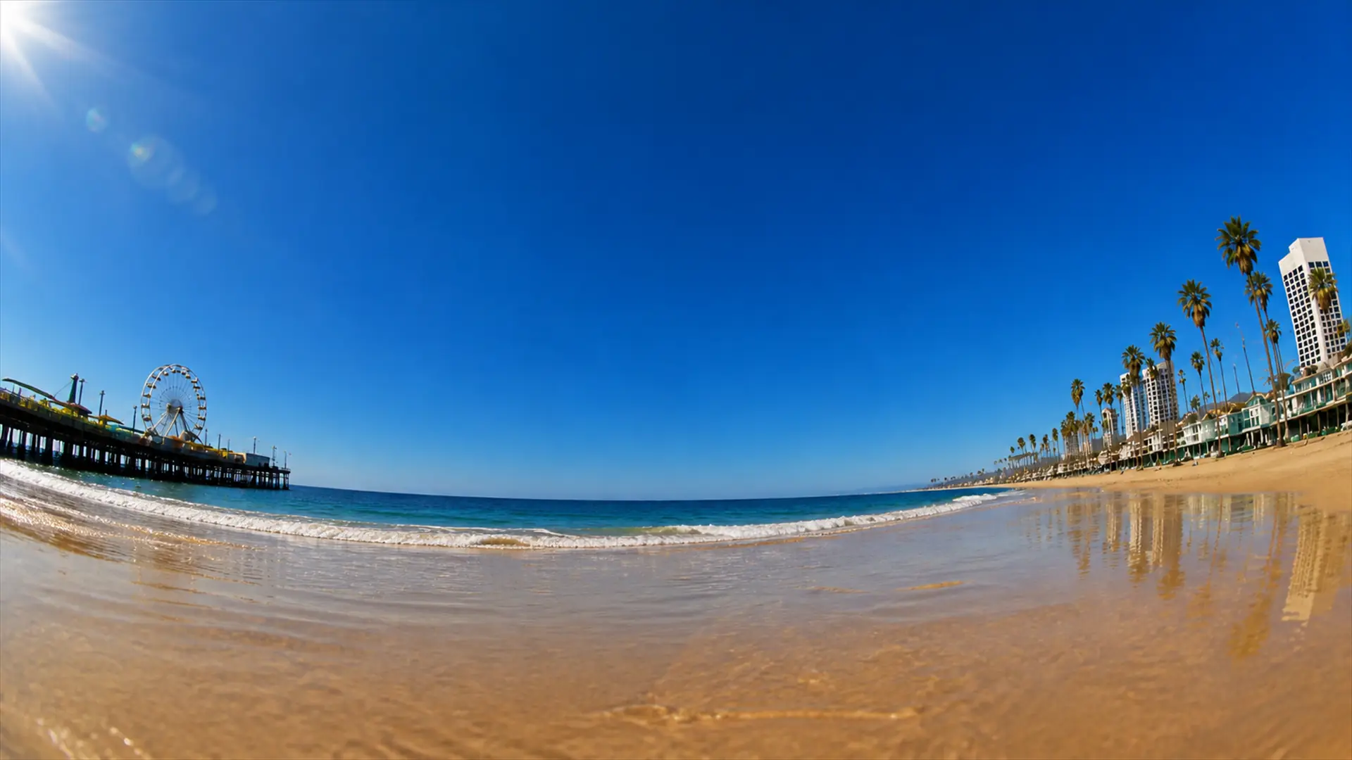 Fisheye view of an empty Santa Monica beach
